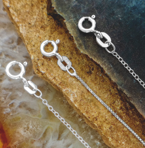Three sterling silver necklaces with spring ring clasps on geodes