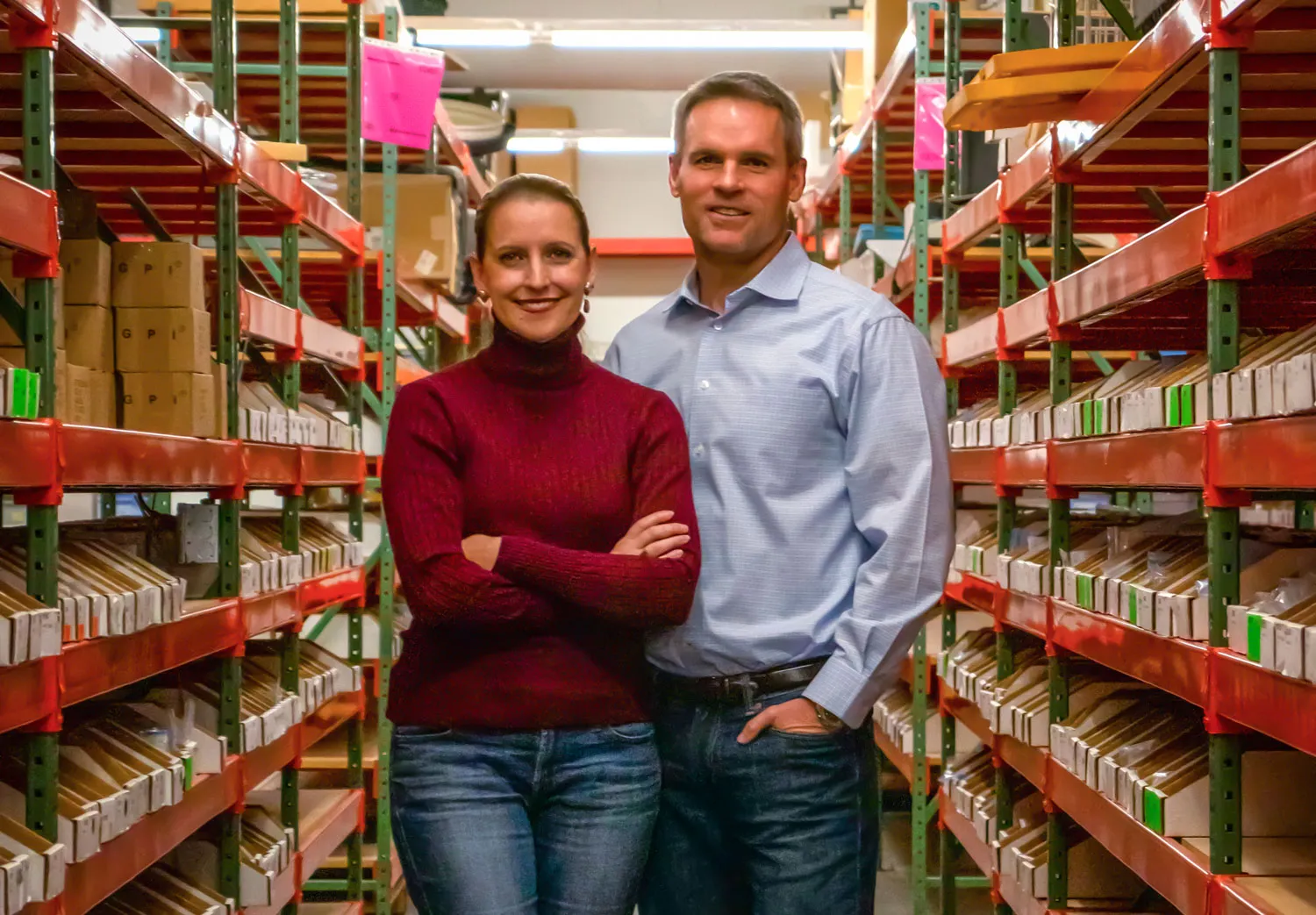 Hilary Halstead Scott and Brad Scott in Halstead warehouse