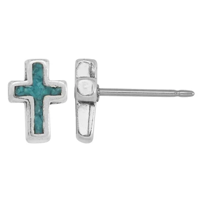 Sterling Silver Turquoise Chip Inlay Cross Post Earrings