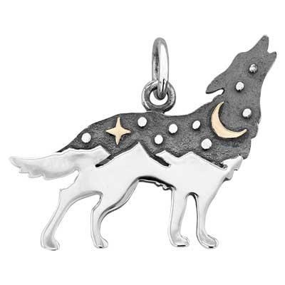 Sterling Silver Wolf Bronze Moon and Star Charm