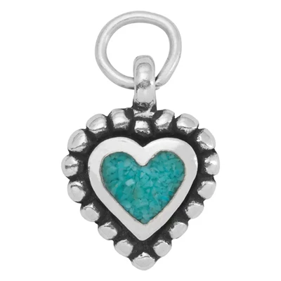 Sterling Silver Turquoise Chip Inlay Beaded Heart Charm