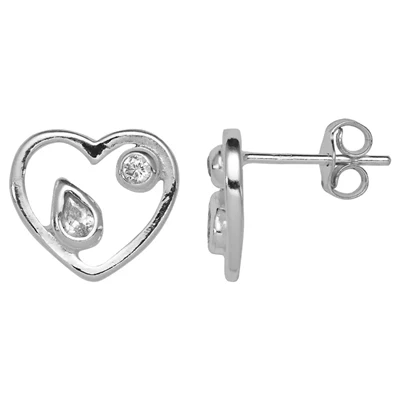 Sterling Silver CZ Accented Heart Post Earrings