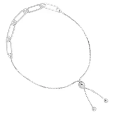 Sterling Silver Paperclip Chain Adjustable Bolo Tassel Bracelet