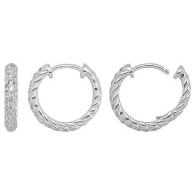 Sterling Silver 15mm Pave CZ Huggie Hoop Earrings