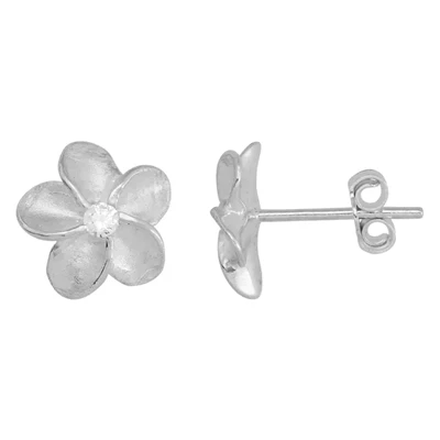Sterling Silver CZ Plumeria Flower Post Earrings
