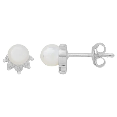 Sterling Silver CZ Pearl Post Earrings