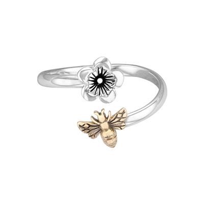 Sterling Silver Adjustable Ring Flower and Bee Ring