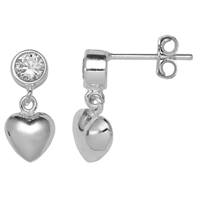 Sterling Silver CZ with Heart Dangle Post Earrings