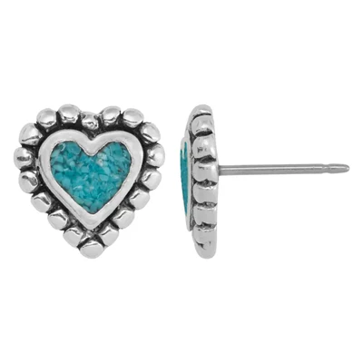 Sterling Silver Turquoise Chip Inlay Beaded Heart Post Earrings