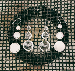 Jewelry soldering tray with in progress sterling silver statement earrings