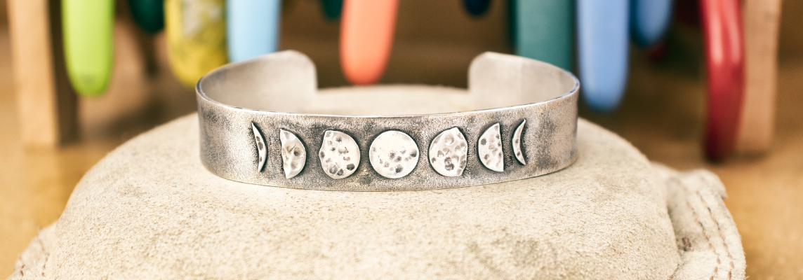 Handmade sterling silver cuff bracelet with moon phase 