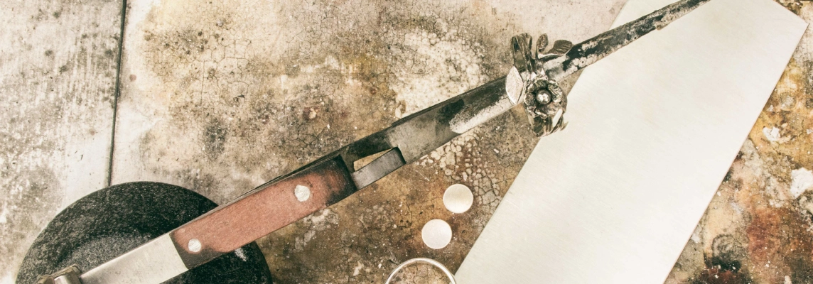 Top view of a jewelry soldering station with a third hand holding an in progress silver ring